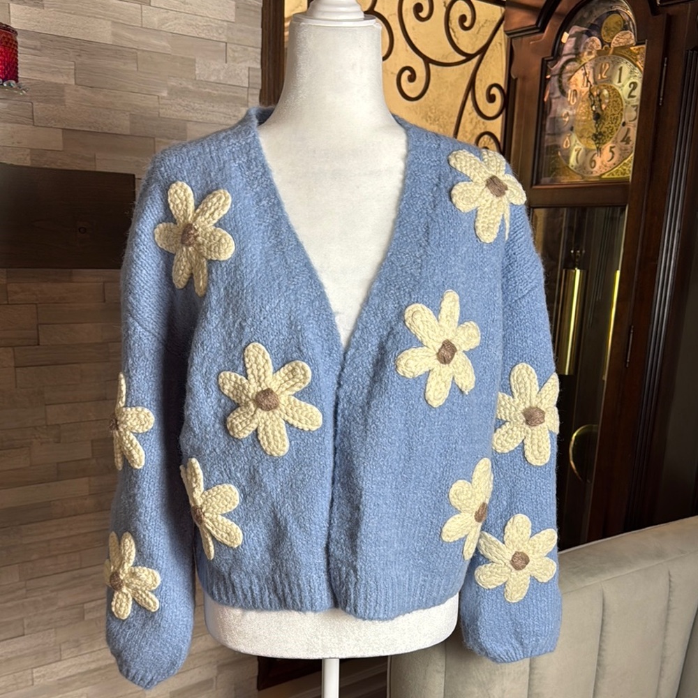 Blue Cardigan with Cream Floral Accents